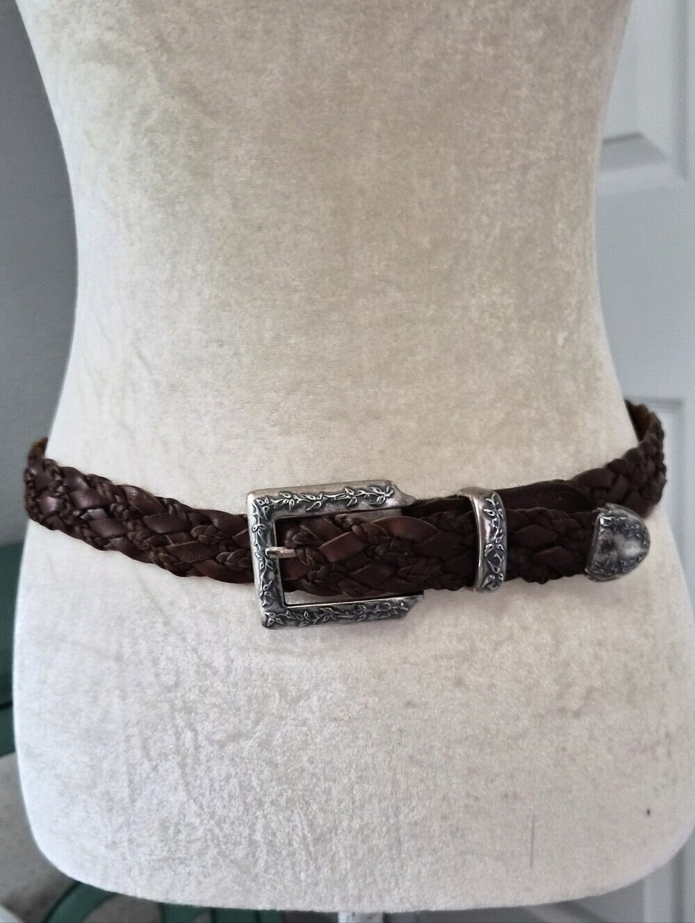 Boho Western Braided Leather Belt Silver Engraved Buckle Festival Bohemian
